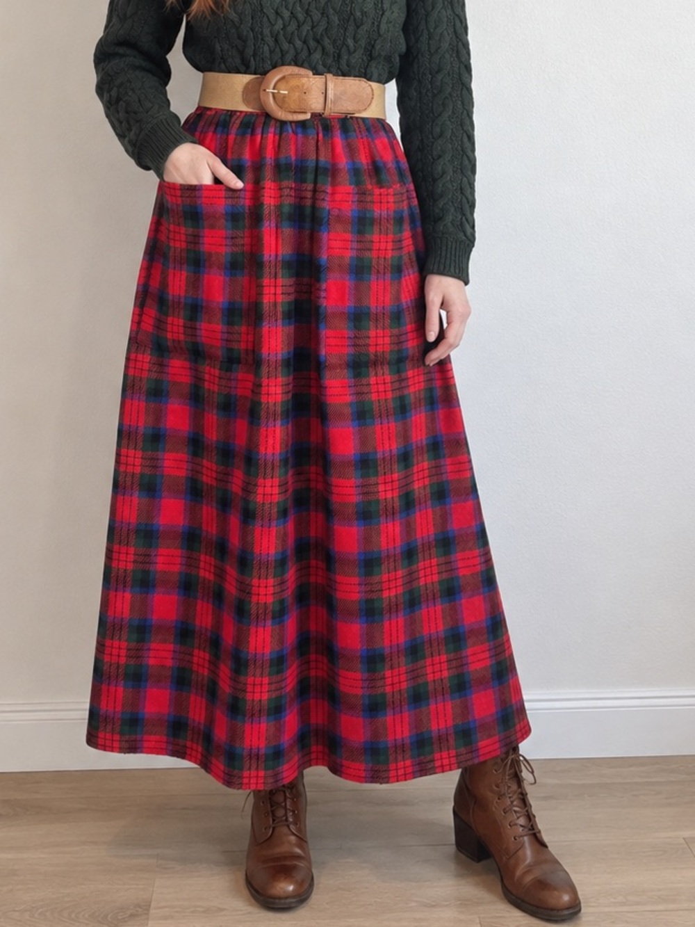 Vintage 70s Maxi Skirt Stewart Tartan Wool Patch Pockets XS 24” Waist Red Plaid